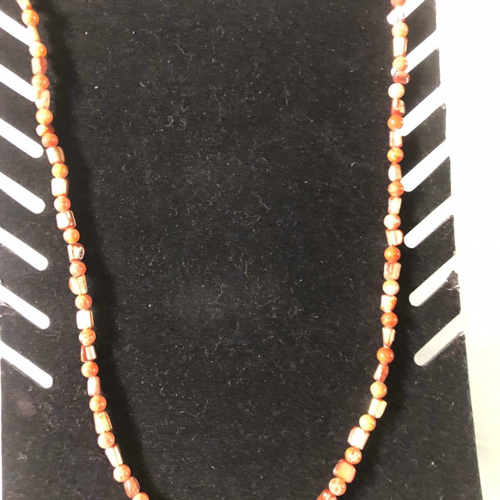 Crab FireAgate with dyed Mother of Pearl.36” long